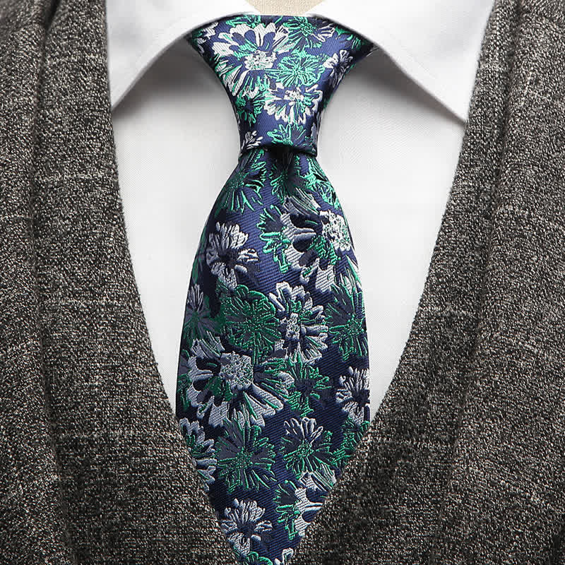 Cravate à motif de marguerites vertes et blanches pour homme, bleu marine