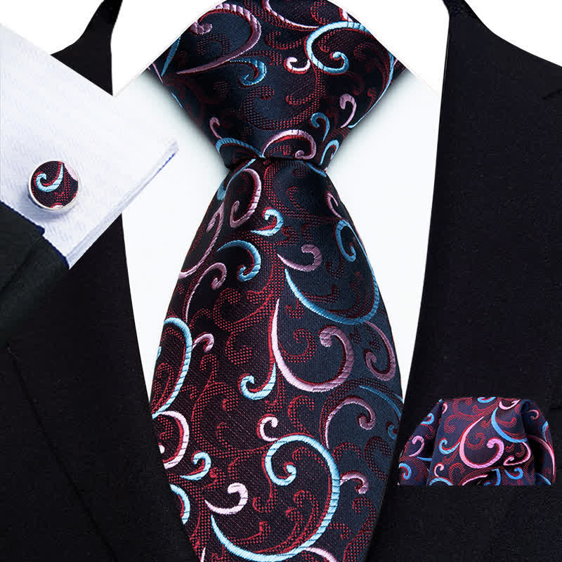 Lot de 3 cravates à motif de vignes tourbillonnantes roses et bleues pour hommes