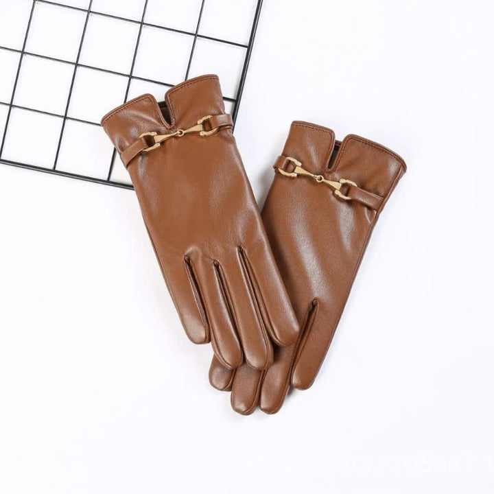 Gants en cuir PU velours chaud avec décor en métal pour femmes