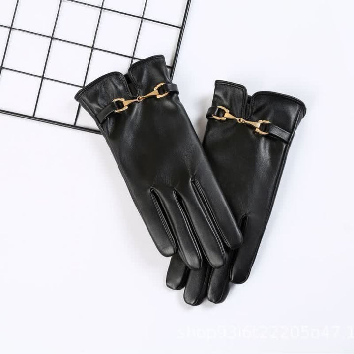 Gants en cuir PU velours chaud avec décor en métal pour femmes