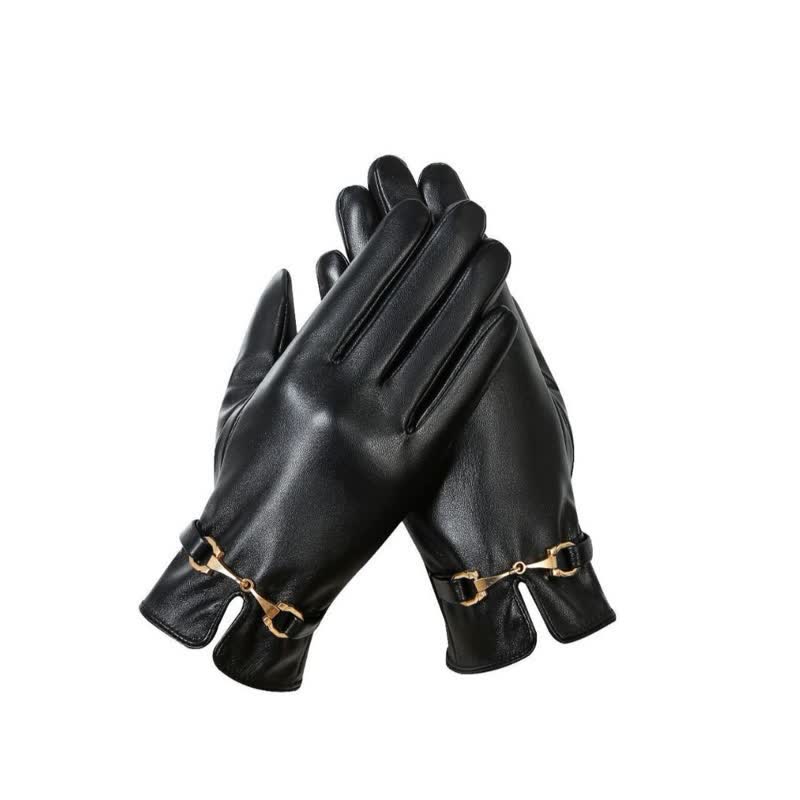 Gants en cuir PU velours chaud avec décor en métal pour femmes