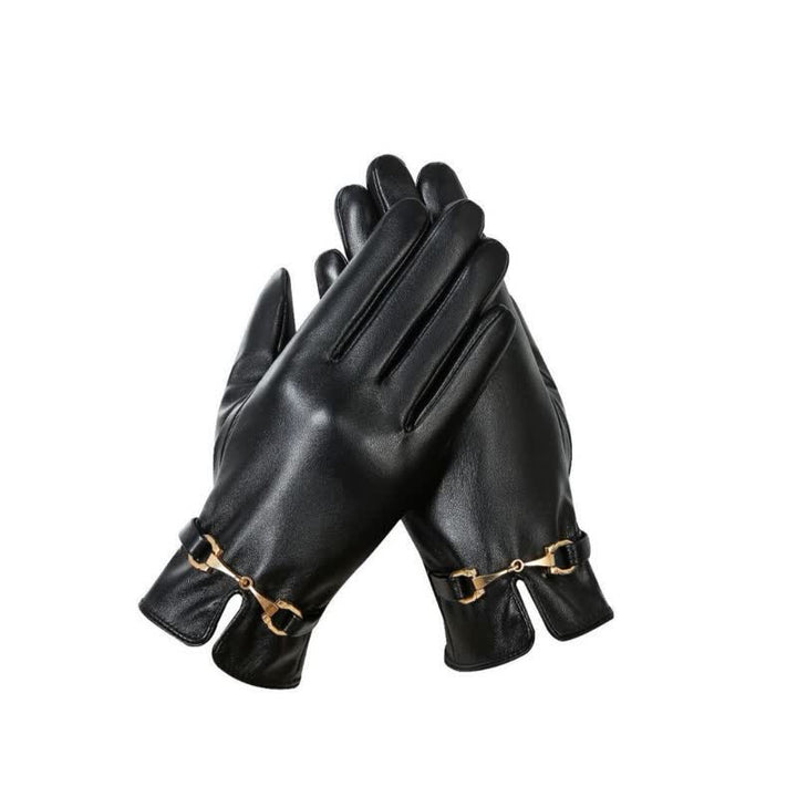 Gants en cuir PU velours chaud avec décor en métal pour femmes