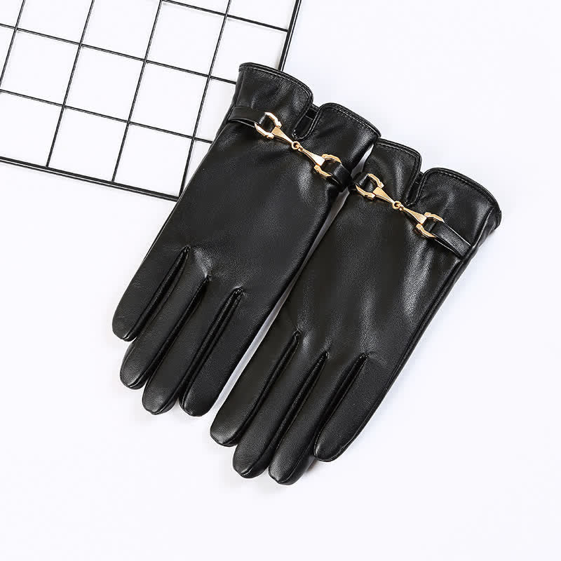 Gants en cuir PU velours chaud avec décor en métal pour femmes