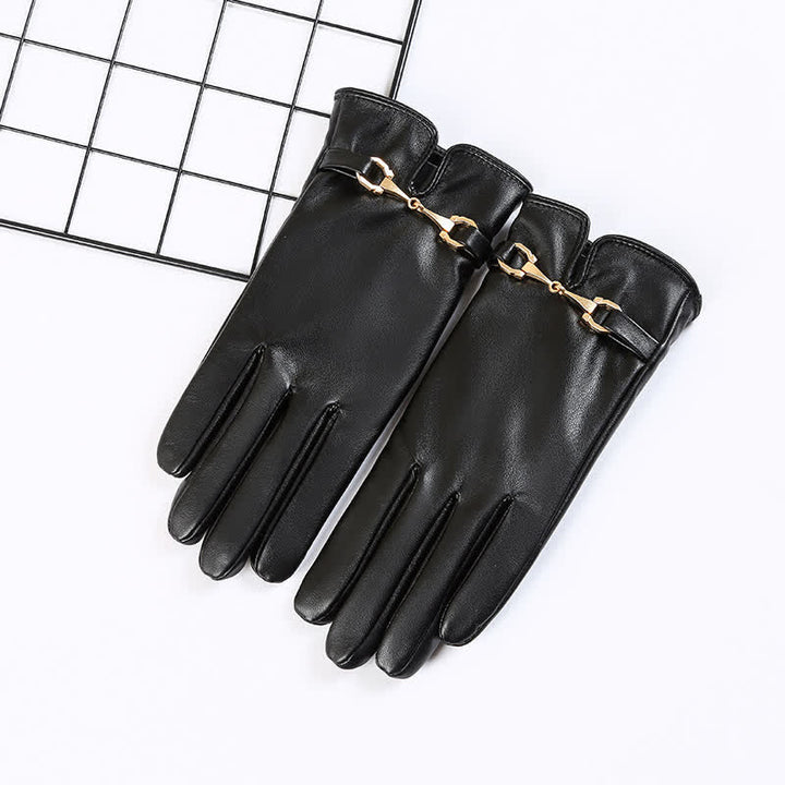 Gants en cuir PU velours chaud avec décor en métal pour femmes