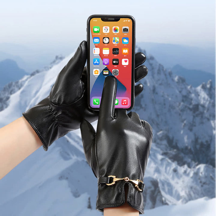 Gants en cuir PU velours chaud avec décor en métal pour femmes