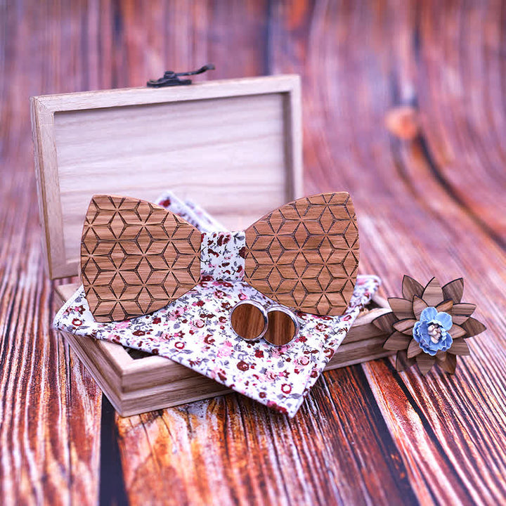 Lot de 4 nœuds papillon en bois sculpté géométrique pour homme