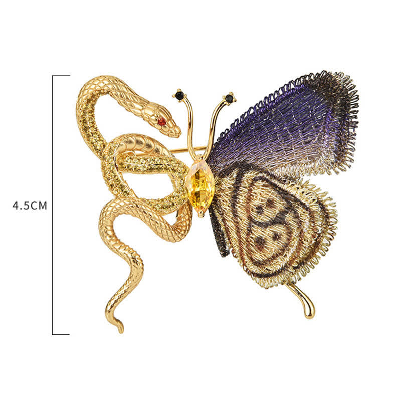 Broche pour femme avec broderie violette et serpent doré