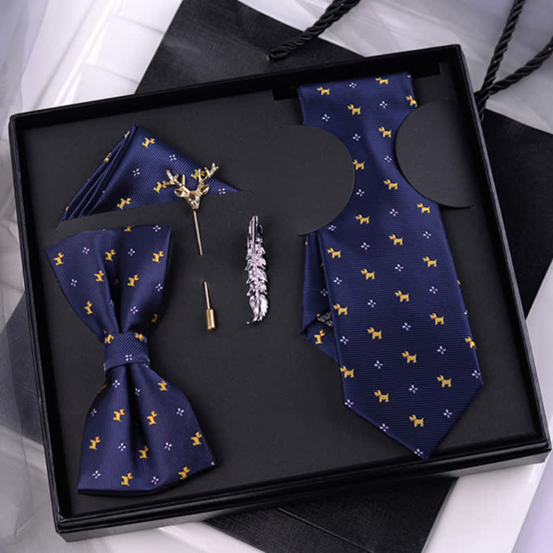 Coffret cadeau de 5 nœuds papillons bleu marine pour homme avec motifs de chiots