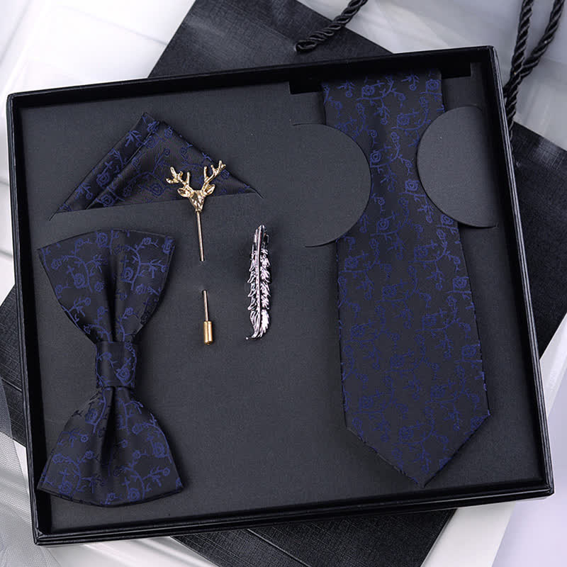 Coffret cadeau de 5 nœuds papillon floraux noirs et bleu foncé pour homme