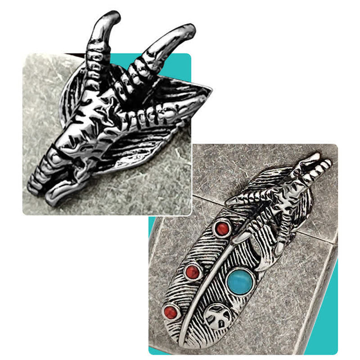 Briquet à pétrole rechargeable en fausse plume d'aigle turquoise