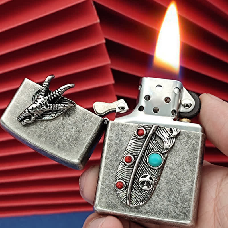 Briquet à pétrole rechargeable en fausse plume d'aigle turquoise