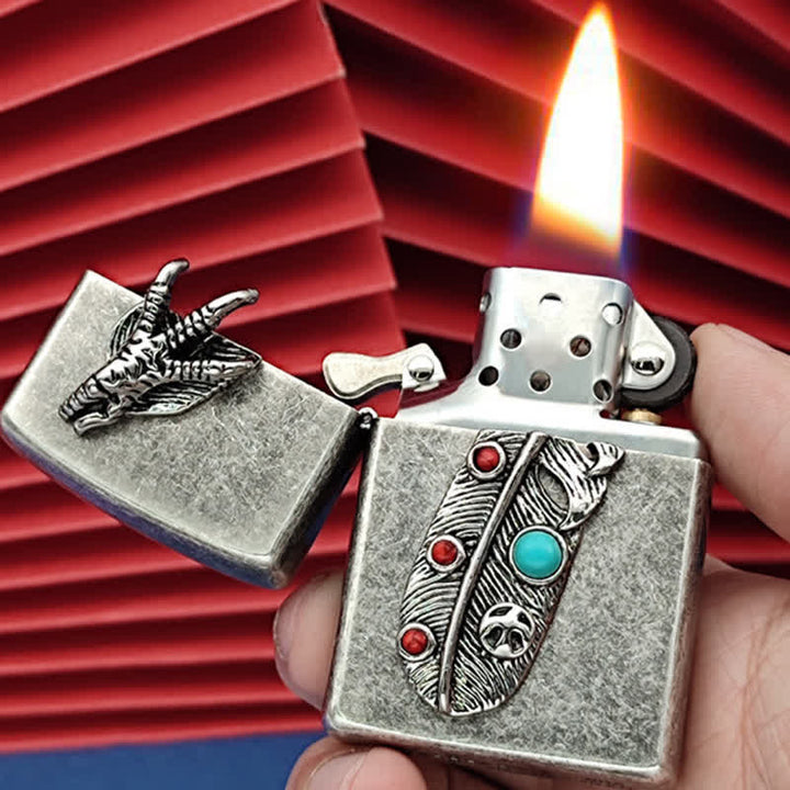 Briquet à pétrole rechargeable en fausse plume d'aigle turquoise