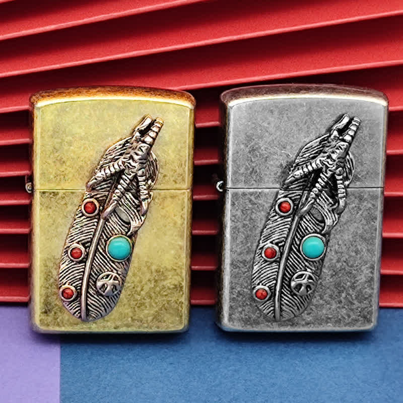 Briquet à pétrole rechargeable en fausse plume d'aigle turquoise