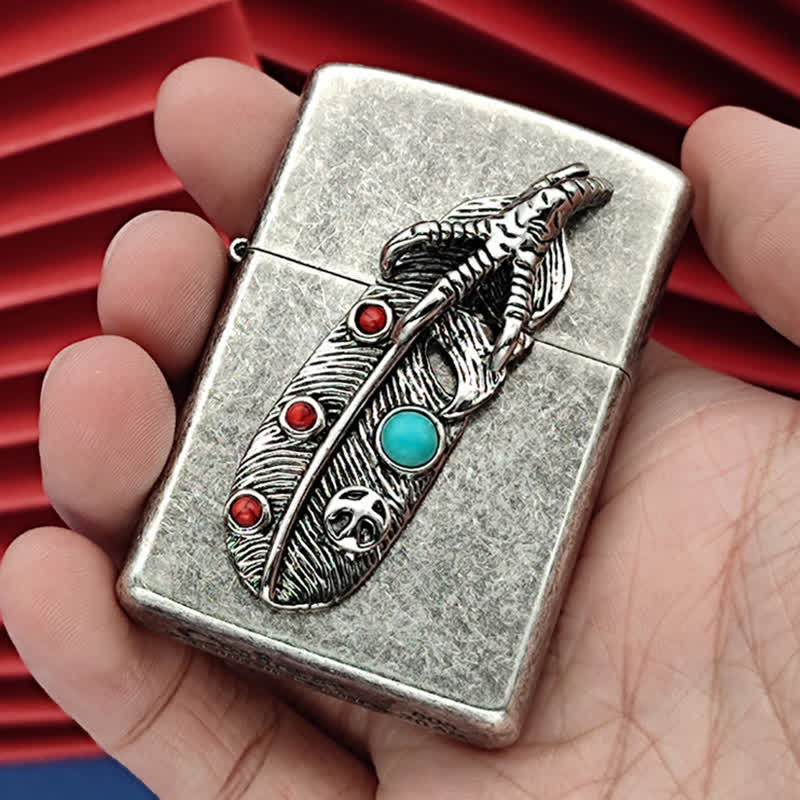 Briquet à pétrole rechargeable en fausse plume d'aigle turquoise