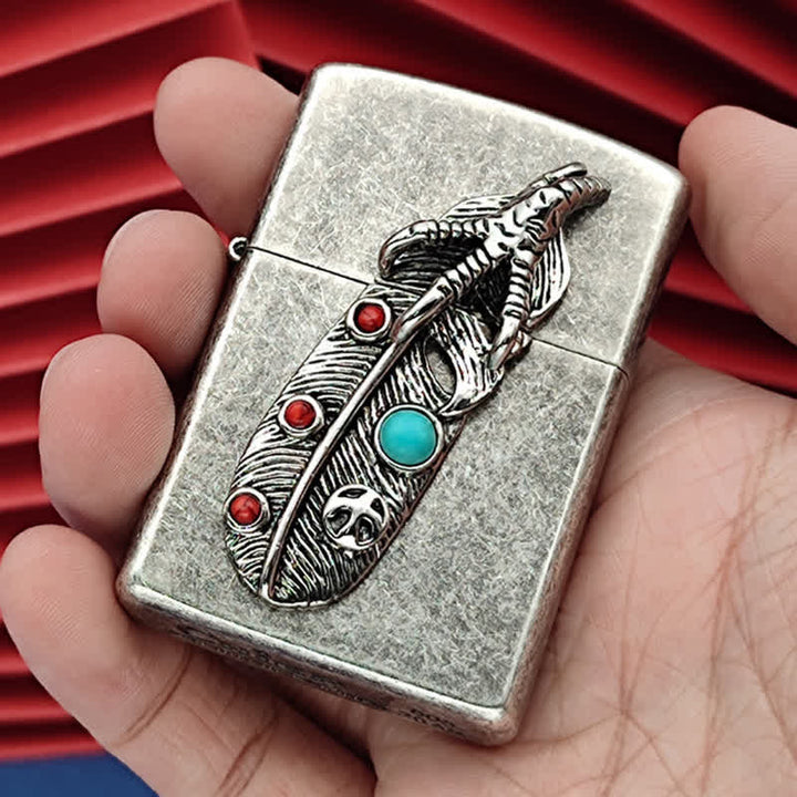 Briquet à pétrole rechargeable en fausse plume d'aigle turquoise