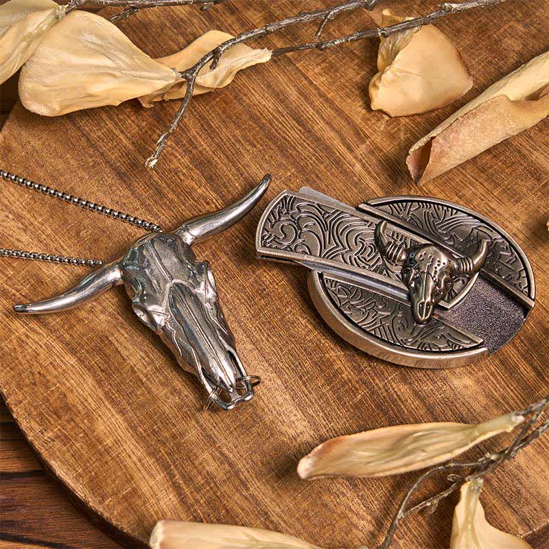 Ensemble de boucles de ceinture, pendentifs et bagues à faire soi-même, couteau caché, taureau Longhorn