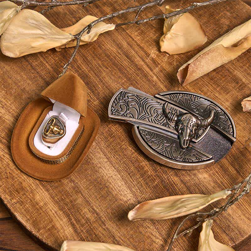 Ensemble de boucles de ceinture, pendentifs et bagues à faire soi-même, couteau caché, taureau Longhorn