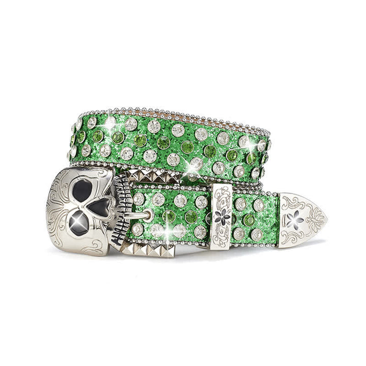 Ceinture en cuir cloutée avec boucle tête de mort et strass