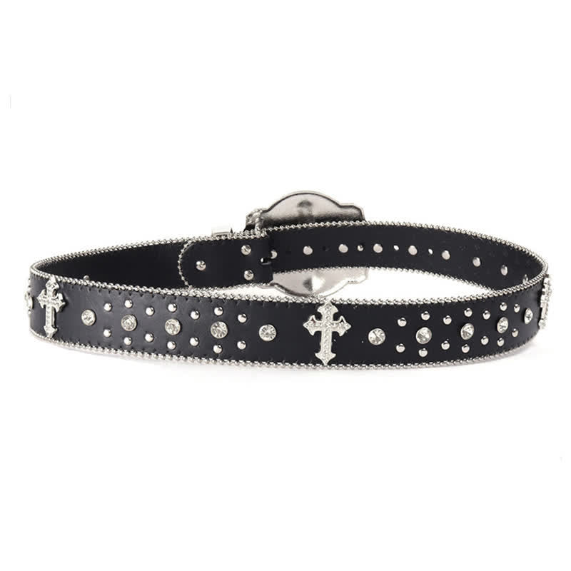 Ceinture en cuir cloutée avec boucle croisée brillante et strass