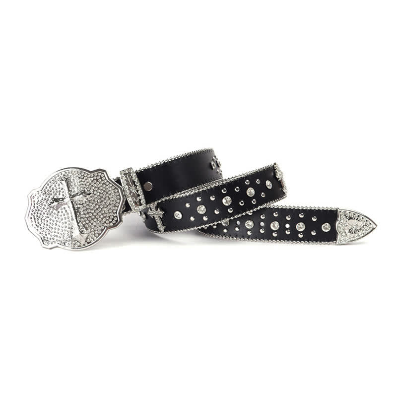 Ceinture en cuir cloutée avec boucle croisée brillante et strass
