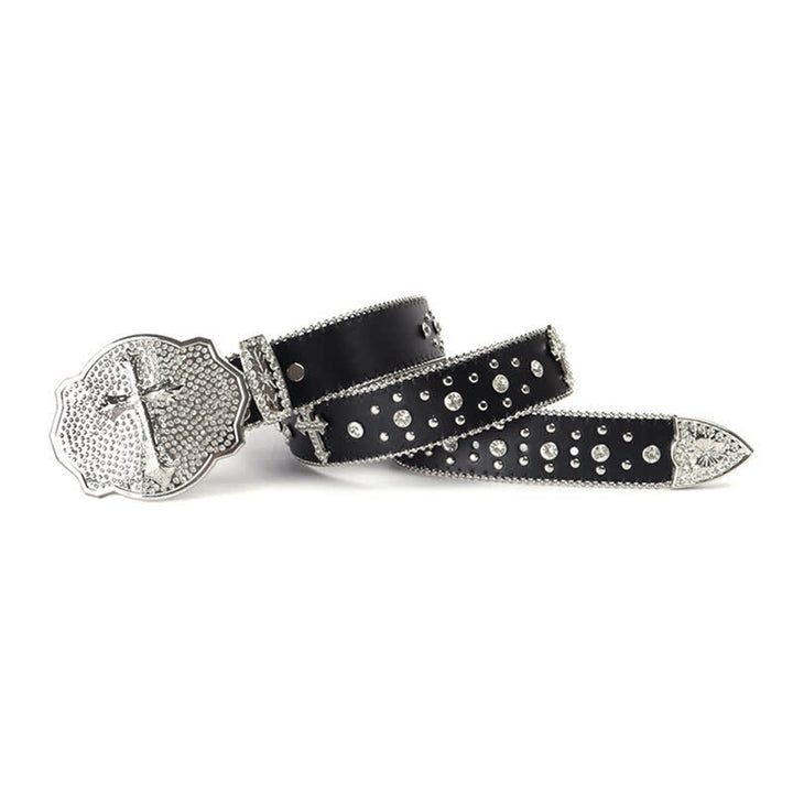 Ceinture en cuir cloutée avec boucle croisée brillante et strass