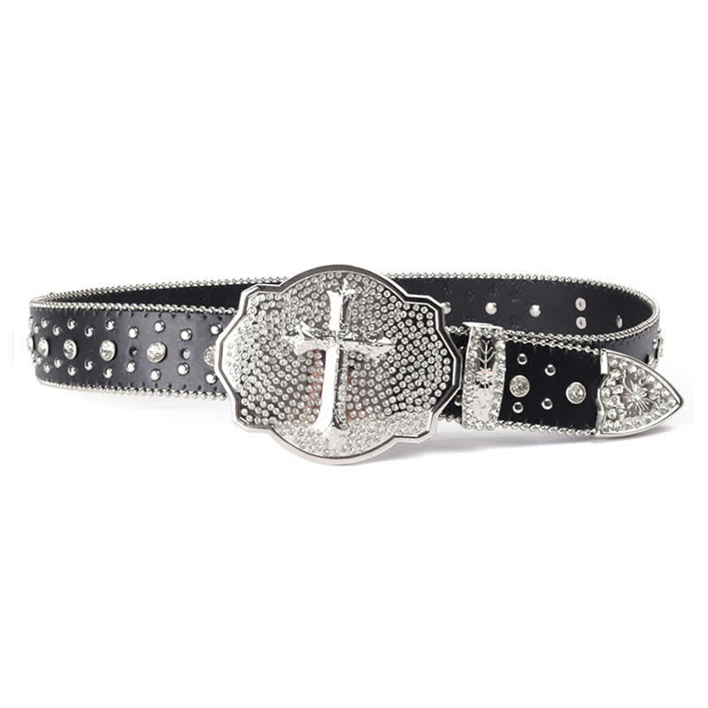 Ceinture en cuir cloutée avec boucle croisée brillante et strass