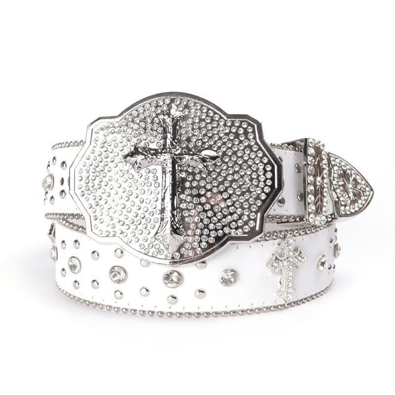 Ceinture en cuir cloutée avec boucle croisée brillante et strass