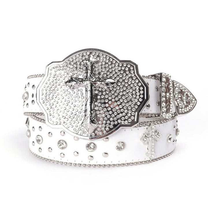 Ceinture en cuir cloutée avec boucle croisée brillante et strass