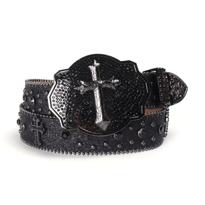 Ceinture en cuir cloutée avec boucle croisée brillante et strass