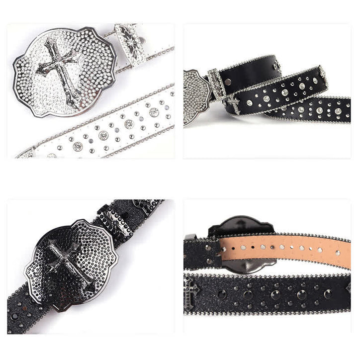 Ceinture en cuir cloutée avec boucle croisée brillante et strass
