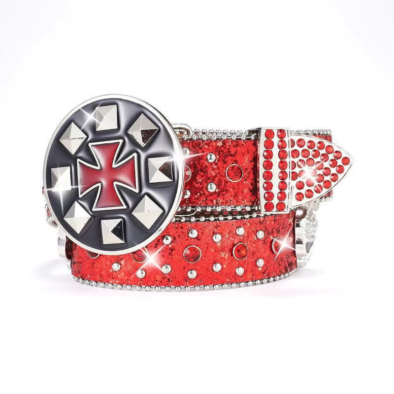 Ceinture en cuir cloutée avec boucle croisée vintage et strass