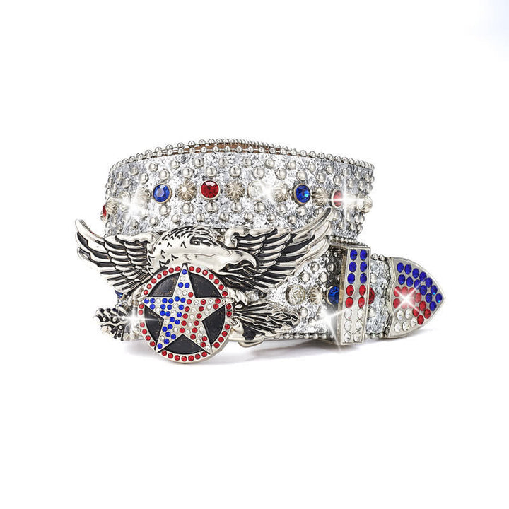 Ceinture en cuir avec rivets à paillettes et étoile rouge et bleue avec boucle aigle
