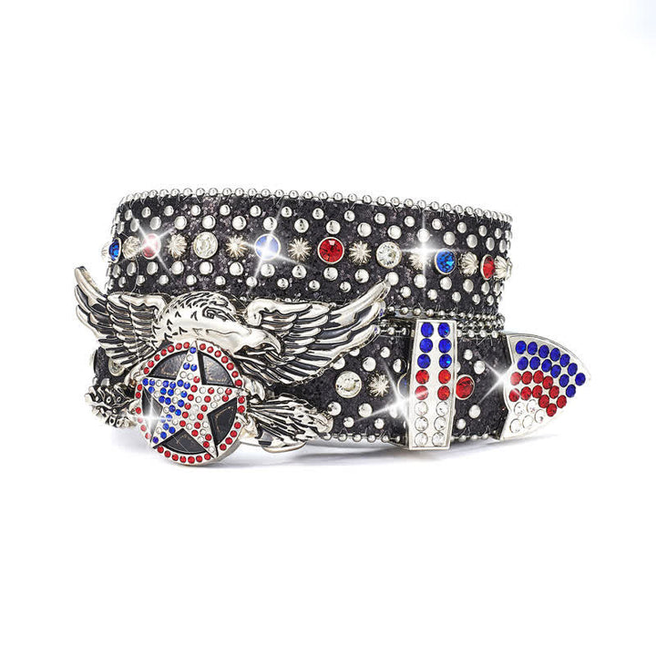 Ceinture en cuir avec rivets à paillettes et étoile rouge et bleue avec boucle aigle