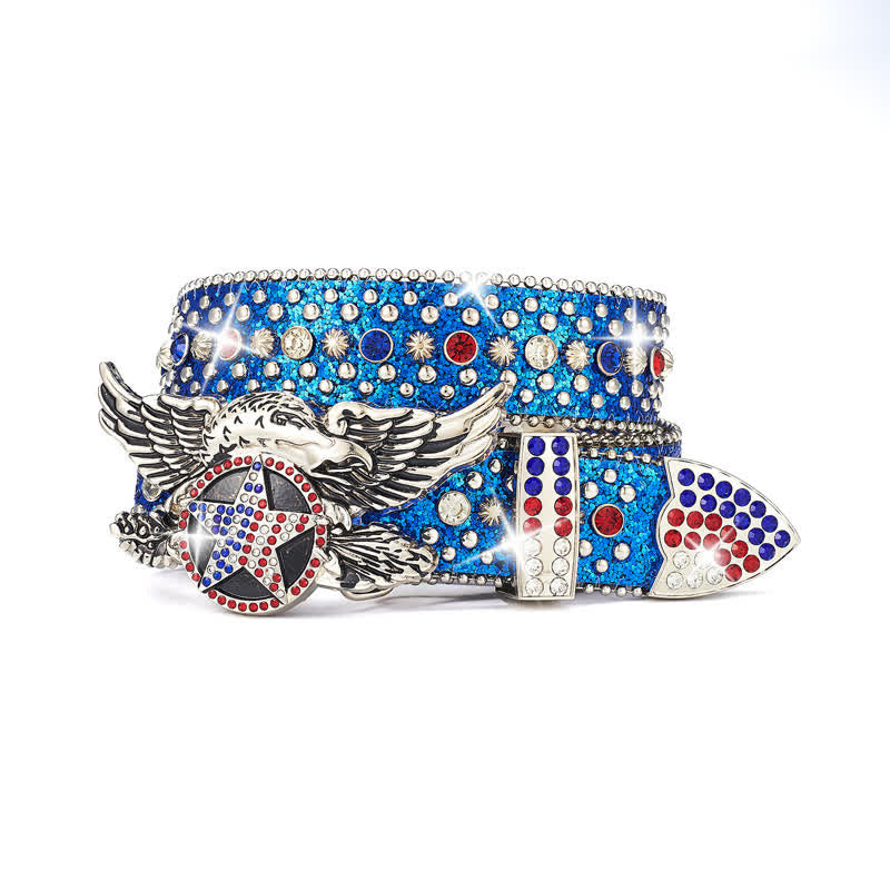 Ceinture en cuir avec rivets à paillettes et étoile rouge et bleue avec boucle aigle