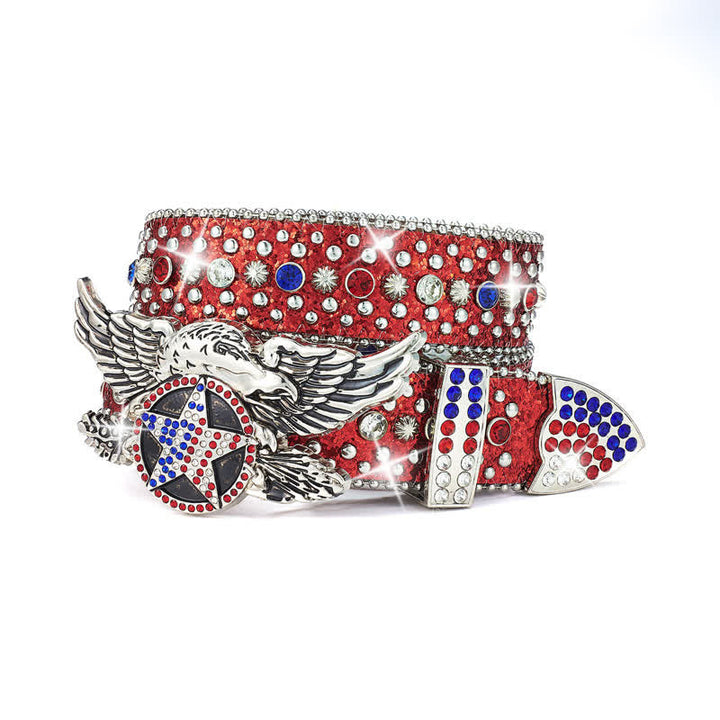 Ceinture en cuir avec rivets à paillettes et étoile rouge et bleue avec boucle aigle