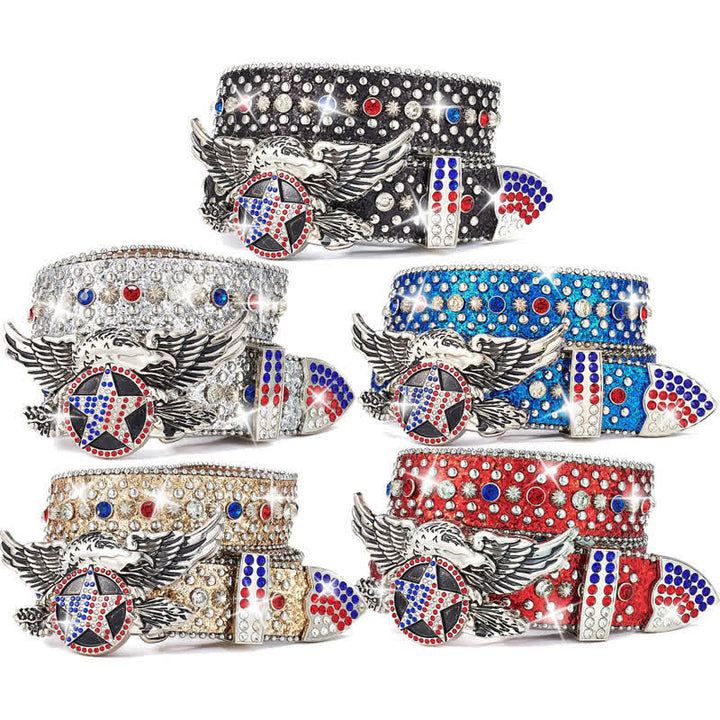 Ceinture en cuir avec rivets à paillettes et étoile rouge et bleue avec boucle aigle