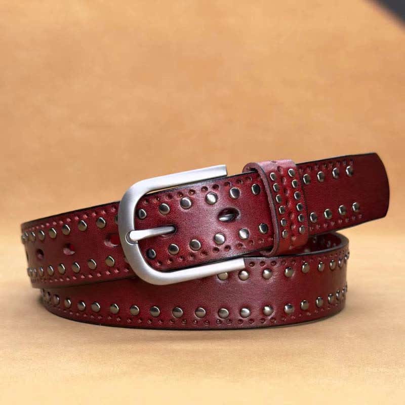Ceinture en cuir à rivets métalliques punk de couleur pure antique