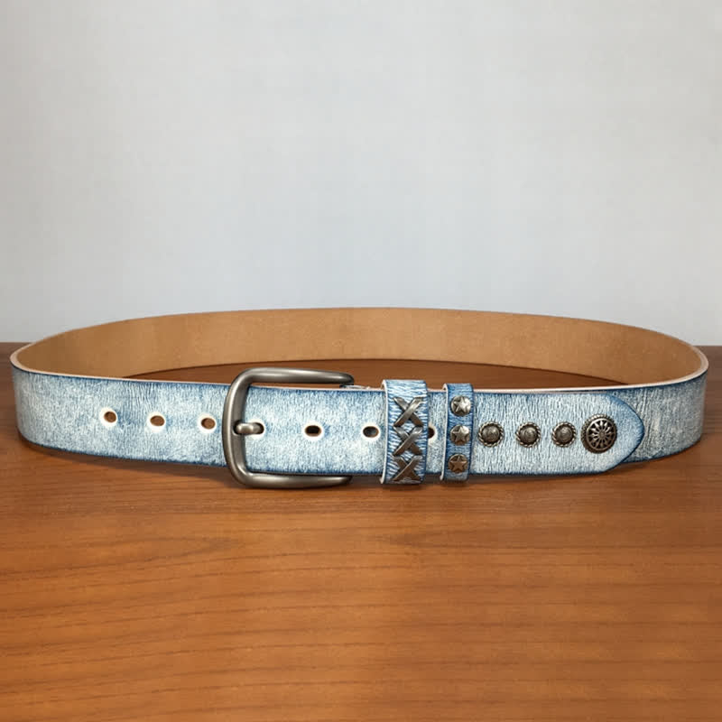 Ceinture en cuir rétro blanc frotté bleu avec rivets argentés