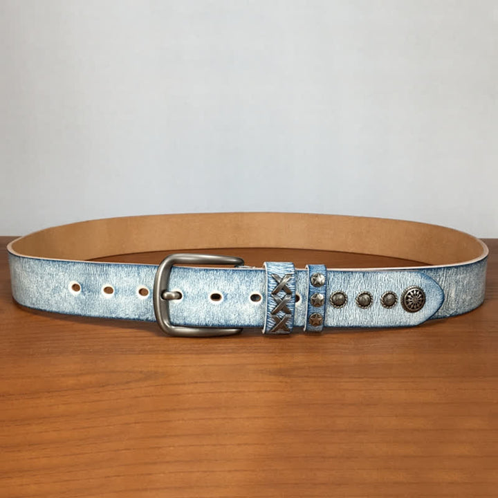 Ceinture en cuir rétro blanc frotté bleu avec rivets argentés