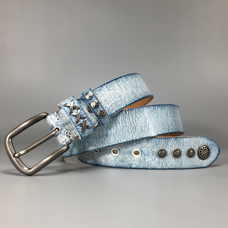 Ceinture en cuir rétro blanc frotté bleu avec rivets argentés