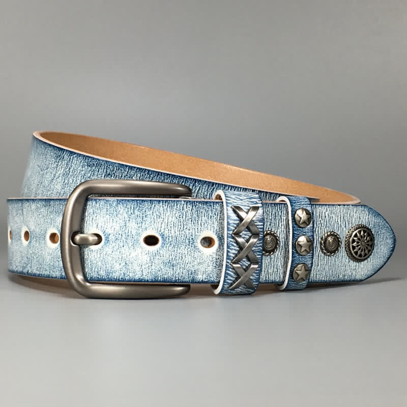 Ceinture en cuir rétro blanc frotté bleu avec rivets argentés
