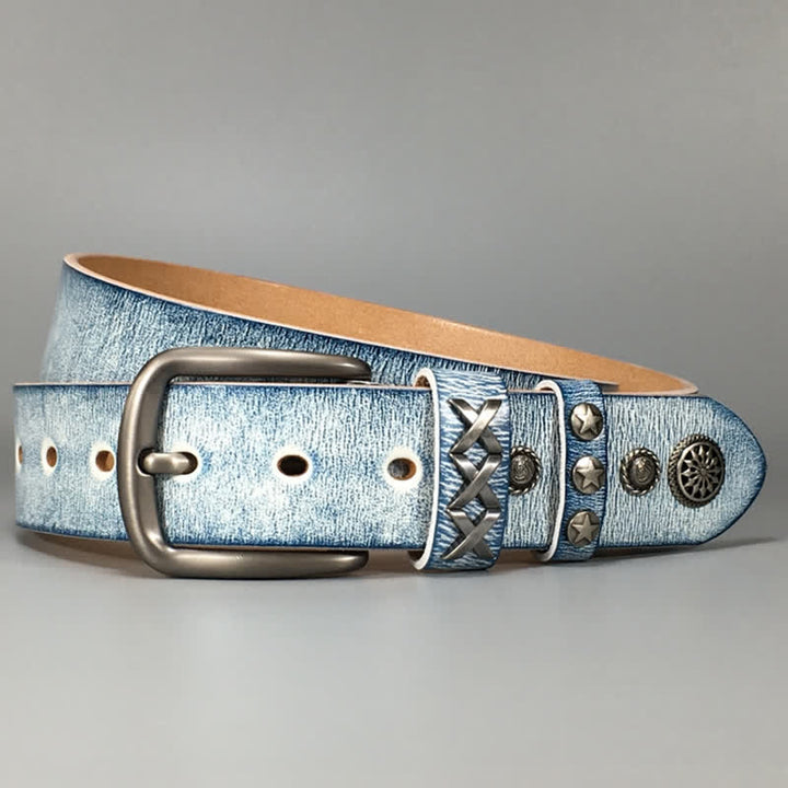 Ceinture en cuir rétro blanc frotté bleu avec rivets argentés