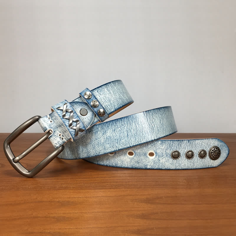Ceinture en cuir rétro blanc frotté bleu avec rivets argentés