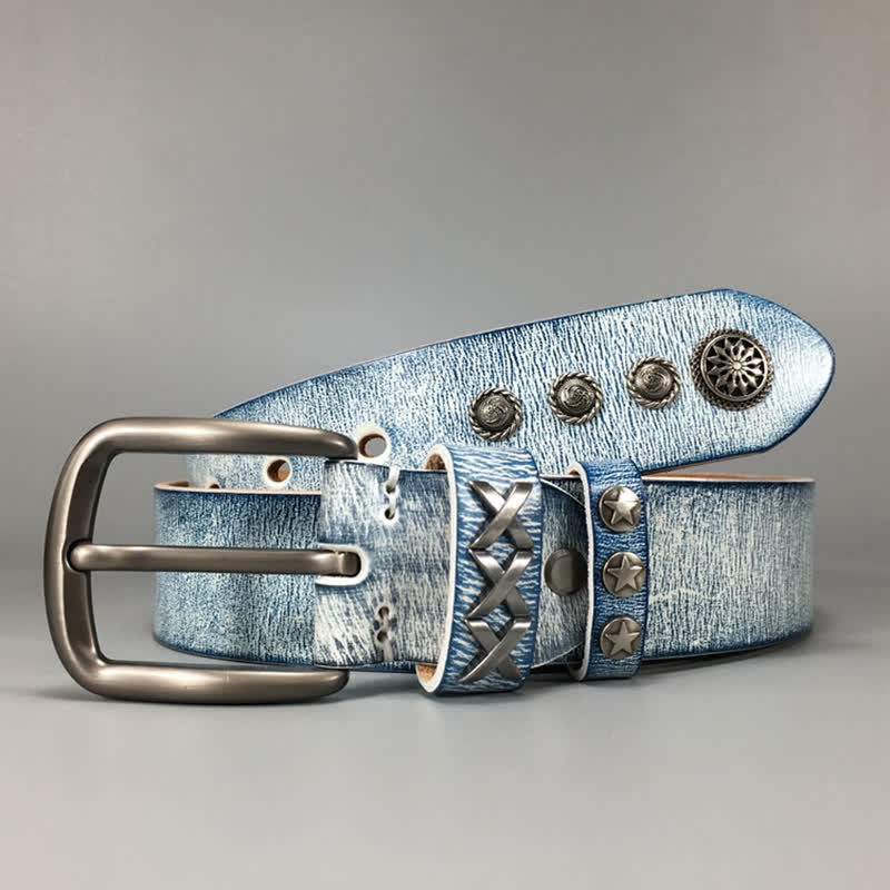 Ceinture en cuir rétro blanc frotté bleu avec rivets argentés