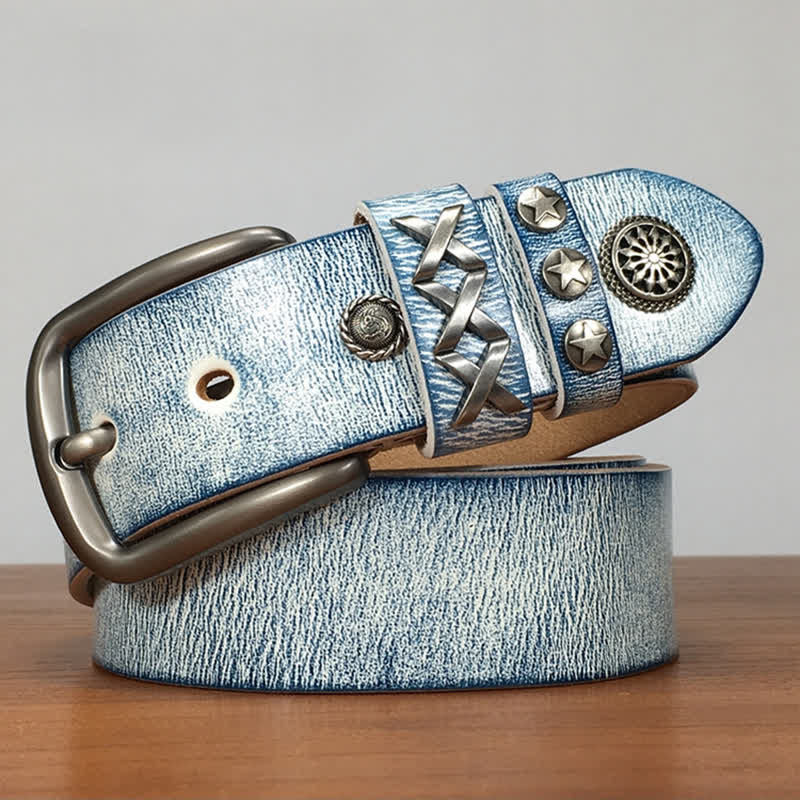 Ceinture en cuir rétro blanc frotté bleu avec rivets argentés