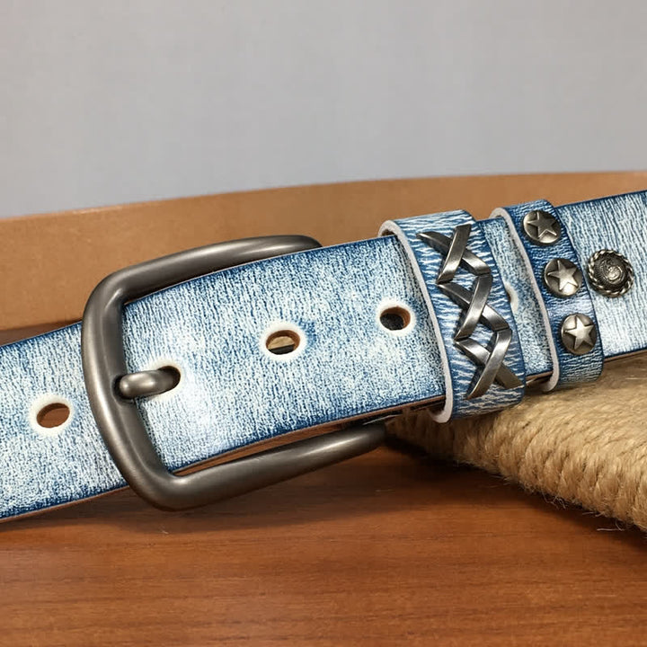 Ceinture en cuir rétro blanc frotté bleu avec rivets argentés