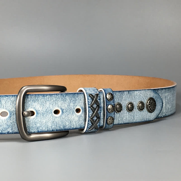 Ceinture en cuir rétro blanc frotté bleu avec rivets argentés