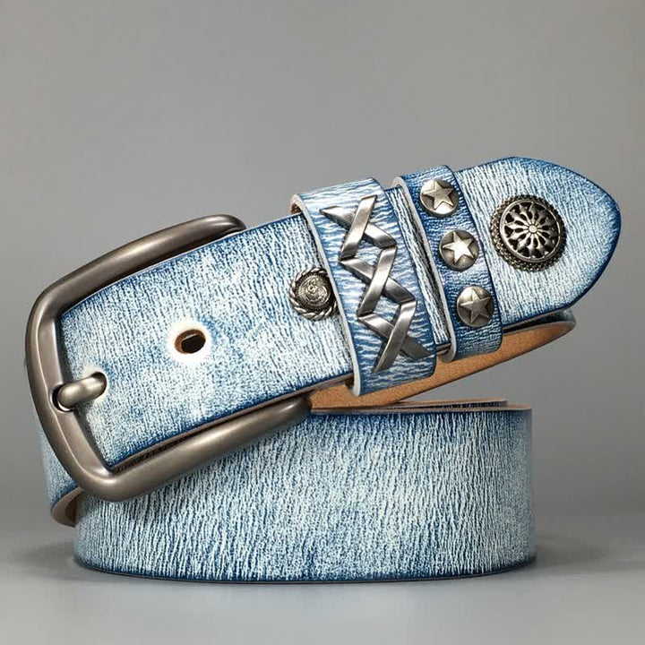 Ceinture en cuir rétro blanc frotté bleu avec rivets argentés