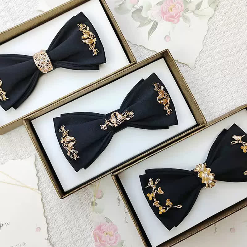 Nœud papillon double épaisseur en métal doré pour homme avec branches et oiseaux