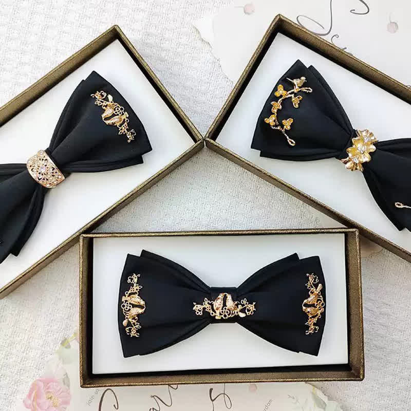 Nœud papillon double épaisseur en métal doré pour homme avec branches et oiseaux